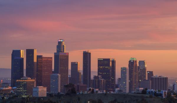 Downtown LA skyline with beautiful sunset